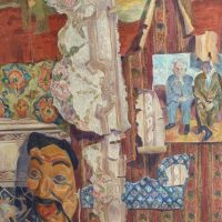 Mask, 35"x30", driftwood frame