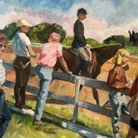 Spectators on the Fence, 23"x30", 1 inch lath frame.